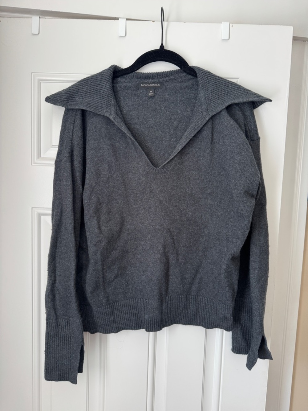 Banana Republic Charcoal V-Neck Sweater with Fold-Over Collar